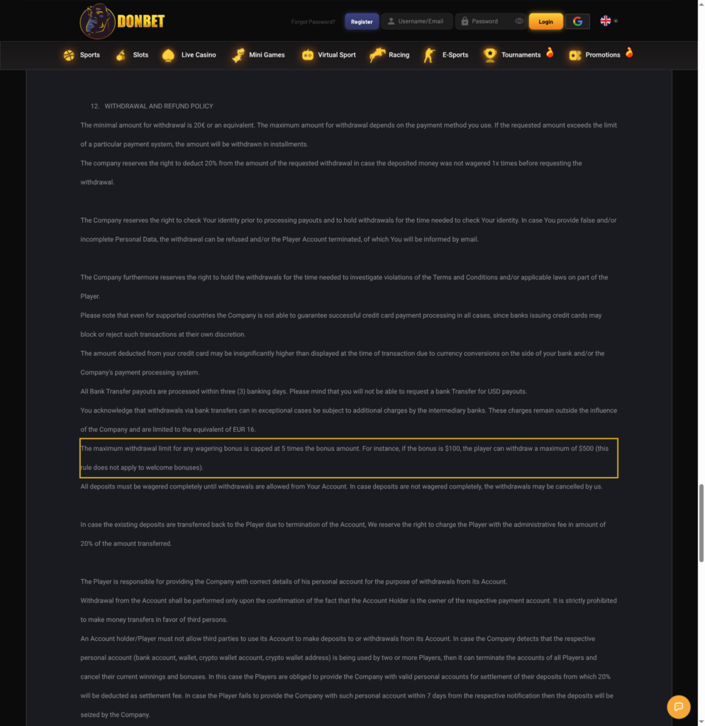Donbet withdrawal policy showing the five-times bonus cap and its welcome-bonus exemption