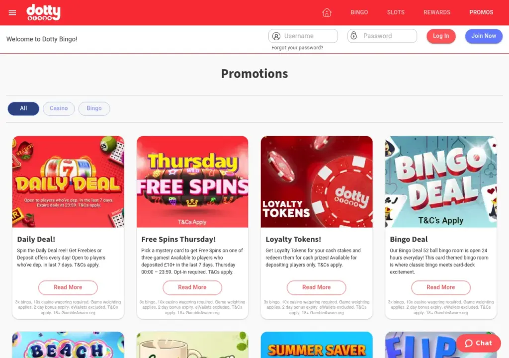 Dotty Bingo promotions page listing Daily Deal, Free Spins Thursday and Loyalty Tokens, all requiring a deposit within the last seven days