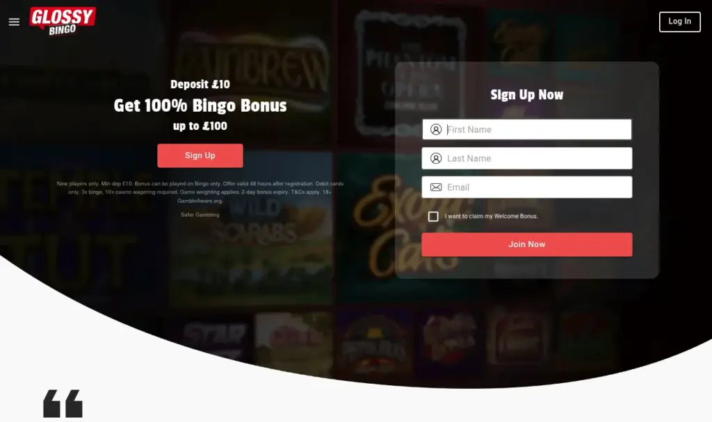 Glossy Bingo reviews rarely show this terms line: deposit £10 for a 100% bingo bonus up to £100, with 3x wagering and a two-day expiry