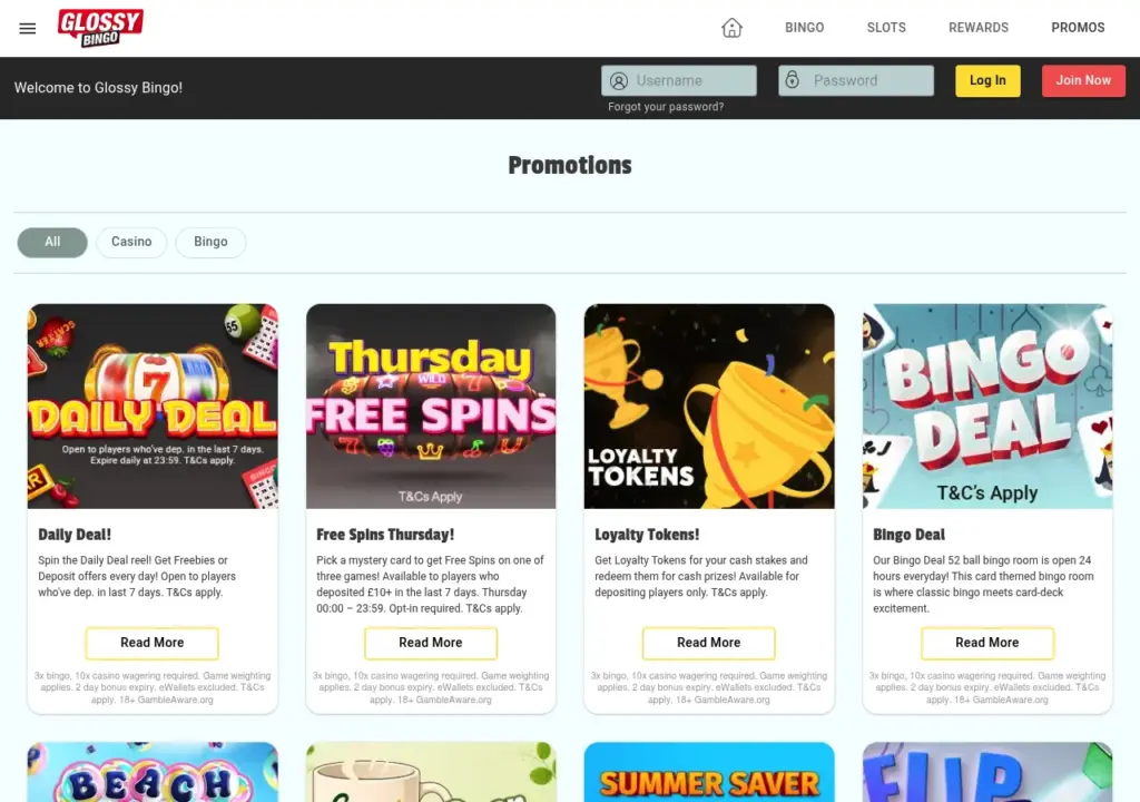 Glossy Bingo promotions page showing Daily Deal, Free Spins Thursday and Loyalty Tokens, each limited to players who deposited in the last seven days