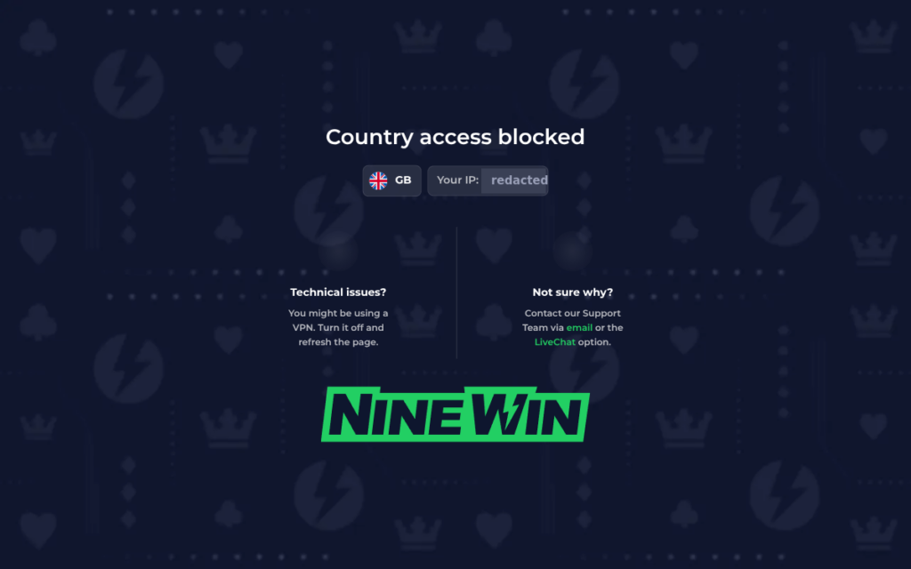 NineWin reviews evidence: ninewin.com showing its Country access blocked notice with a GB flag, visitor IP redacted